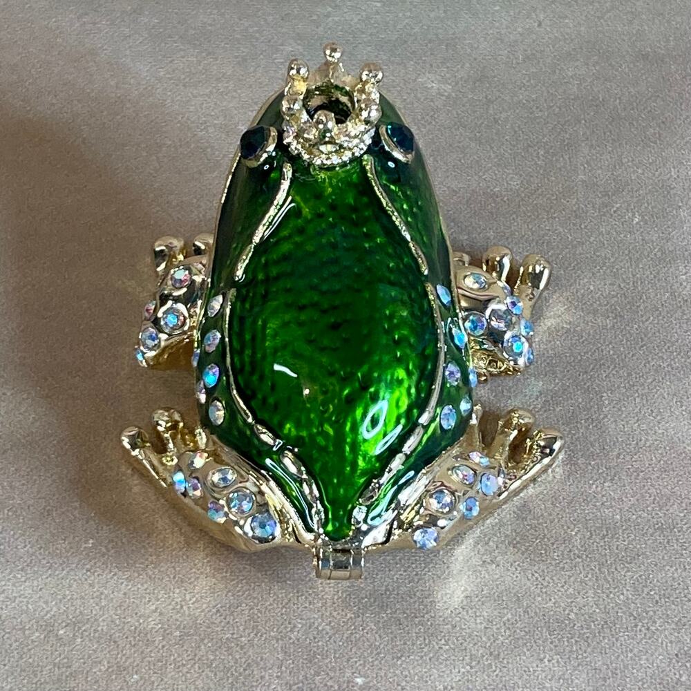 Gold Tone and Green Enamel Frog Prince Trinket Box w/Aurora Borealis Crystals - Picture 3 of 8